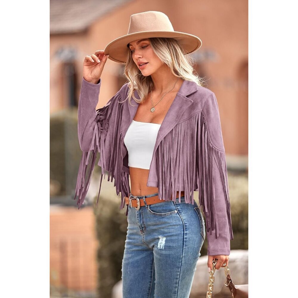 Women's Purple Fringe Faux Suede Leather Tassel Motorcycle Cropped Jackets - Picture 7 of 9